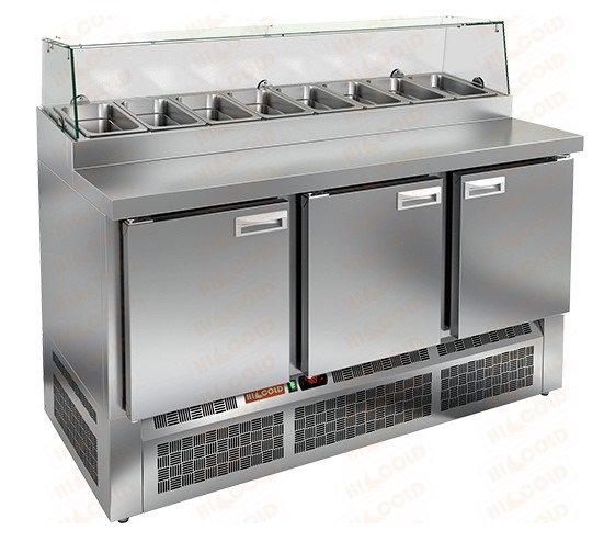 Стол охлаждаемый для пиццы HICOLD PZE2-111/GN стекло, нижн, 3 двери (+2...+10°С)